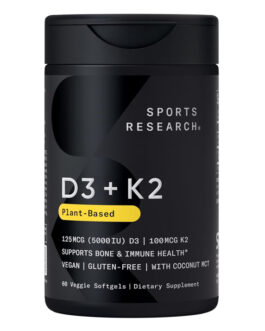 Sports Research Vitamin D3 K2 with Coconut Oil | Vegan D3 5000iu & K2 MK7 | Immune & Bone Health Support | 60 Softgels