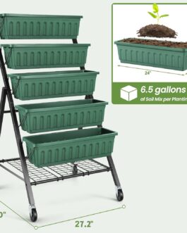 SEJOV 4FT Raised Garden Bed – 5-Tier Vertical Planter with Lockable Wheels & Storage Rack for Indoor & Outdoor Gardening