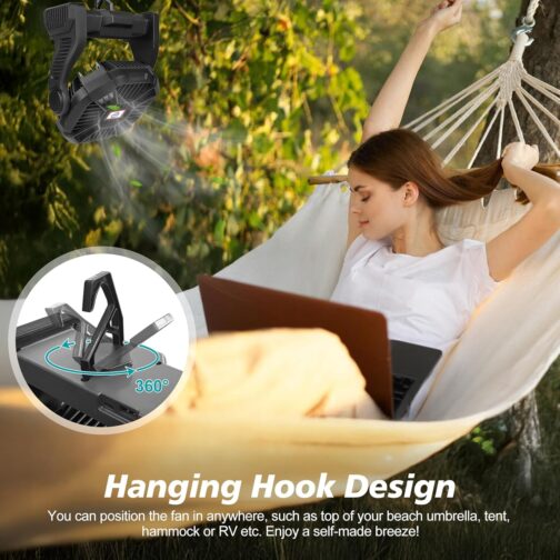 CONBOLA Portable Rechargeable Camping Fan – 10400mAh Battery Operated, Quiet 10-Inch USB Fan with LED Lantern, 270° Rotation & Hanging Hook - Image 3