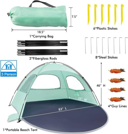 NXONE Beach Tent Sun Shade Shelter | UV Protection & Ventilation | 2-3 Person | Extended Floor & Carry Bag - Mint Green - Image 4