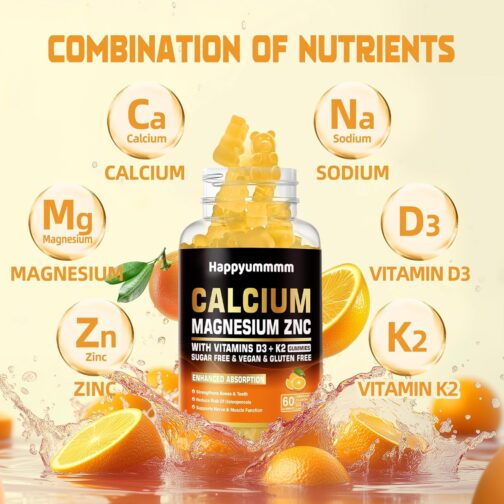 Calcium Magnesium Zinc Gummies with Vitamin D3 & K2 | High Potency, Enhanced Absorption | Vegan, Sugar-Free | 60 Orange & Berry Flavored Gummies - Image 2
