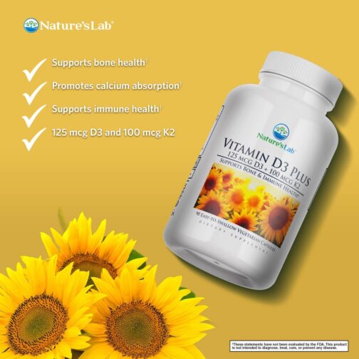 Nature’s Lab Vitamin D3 Plus with K2 | Bone, Muscle & Immune Support | High-Potency 5000 IU D3 | USA Made - Image 2