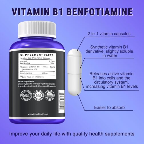 Benfotiamine 600mg Plus Vitamin B1 | High-Potency, Non-GMO, USA Made Supplement for Energy & Cellular Health | 120 Veggie Capsules - Image 2