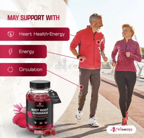 Beet Root Gummies with Nitric Oxide Support | Heart, Circulation & Energy Chews with Grape Seed, B12 & Vitamin C | Vegan, USA Made, 60 Count - Image 2