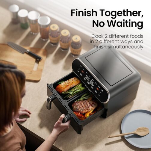 8-QT Dual Basket Air Fryer with Viewing Windows - Preheat, Air Fry, Roast, Bake & More | 2 Independent 4-QT Nonstick Baskets | Dishwasher Safe | Black - Image 3
