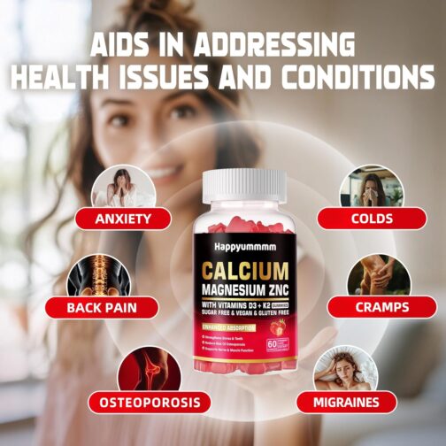 Calcium Magnesium Zinc Gummies with Vitamin D3 & K2 | High Potency, Vegan, Sugar-Free | Bone, Muscle & Immune Support | Orange & Berry Flavor - Image 3