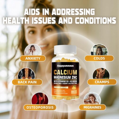 Calcium Magnesium Zinc Gummies with Vitamin D3 & K2 | High Potency, Enhanced Absorption | Vegan, Sugar-Free | 60 Orange & Berry Flavored Gummies - Image 3