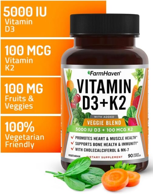 FarmHaven Vitamin D3 K2 Capsules | 5000 IU D3 & MK-7 K2 for Bone, Heart & Immune Support | Vegetarian, Non-GMO | 30% Commission - Image 3
