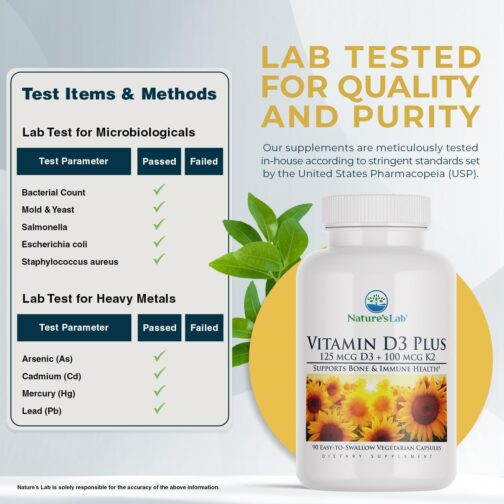 Nature’s Lab Vitamin D3 Plus with K2 | Bone, Muscle & Immune Support | High-Potency 5000 IU D3 | USA Made - Image 3
