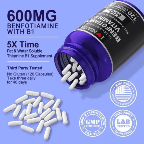 Benfotiamine 600mg Plus Vitamin B1 | High-Potency, Non-GMO, USA Made Supplement for Energy & Cellular Health | 120 Veggie Capsules - Image 3