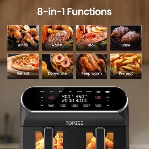 8-QT Dual Basket Air Fryer with Viewing Windows - Preheat, Air Fry, Roast, Bake & More | 2 Independent 4-QT Nonstick Baskets | Dishwasher Safe | Black - Image 4