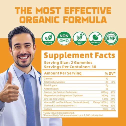 Awesome Calcium Magnesium Zinc Gummies with Vitamin D3 & K2 for Bone & Immune Health | Vegan & Sugar-Free - Image 4