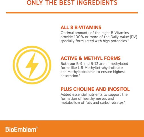 BioEmblem Vitamin B-Complex | 8 Active B-Vitamins with Methylfolate & Methylcobalamin | Energy, Metabolism, and Immune Support | Vegan, USA Made - Image 4