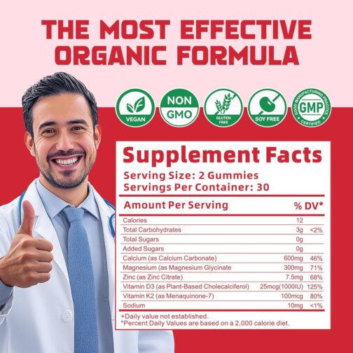Calcium Magnesium Zinc Gummies with Vitamin D3 & K2 | High Potency, Vegan, Sugar-Free | Bone, Muscle & Immune Support | Orange & Berry Flavor - Image 4