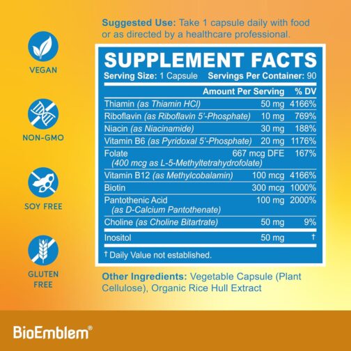 BioEmblem Vitamin B-Complex | 8 Active B-Vitamins with Methylfolate & Methylcobalamin | Energy, Metabolism, and Immune Support | Vegan, USA Made - Image 5