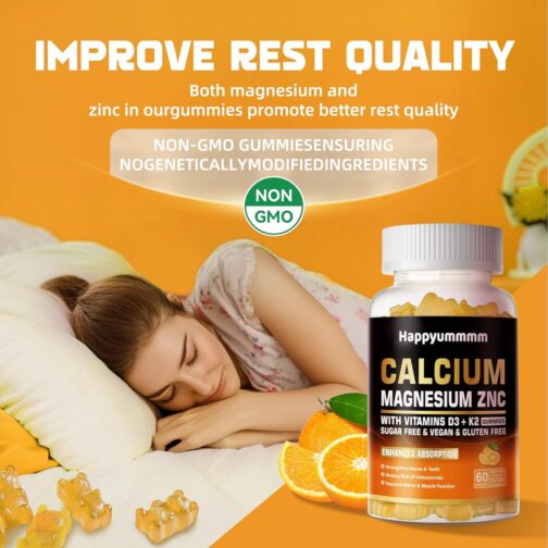 Calcium Magnesium Zinc Gummies with Vitamin D3 & K2 | High Potency, Enhanced Absorption | Vegan, Sugar-Free | 60 Orange & Berry Flavored Gummies - Image 5