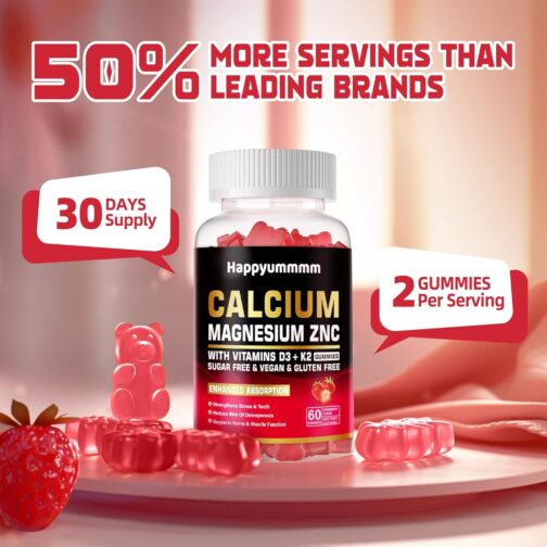 Calcium Magnesium Zinc Gummies with Vitamin D3 & K2 | High Potency, Vegan, Sugar-Free | Bone, Muscle & Immune Support | Orange & Berry Flavor - Image 6