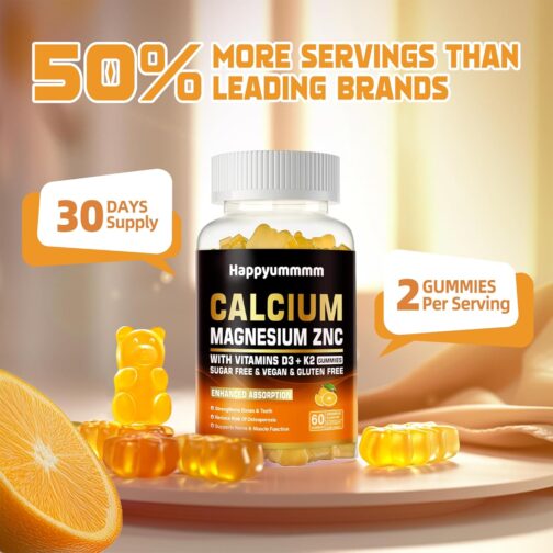 Calcium Magnesium Zinc Gummies with Vitamin D3 & K2 | High Potency, Enhanced Absorption | Vegan, Sugar-Free | 60 Orange & Berry Flavored Gummies - Image 6