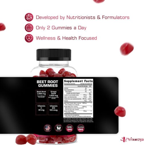 Beet Root Gummies with Nitric Oxide Support | Heart, Circulation & Energy Chews with Grape Seed, B12 & Vitamin C | Vegan, USA Made, 60 Count - Image 7