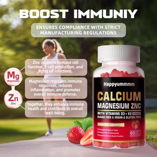 Calcium Magnesium Zinc Gummies with Vitamin D3 & K2 | High Potency, Vegan, Sugar-Free | Bone, Muscle & Immune Support | Orange & Berry Flavor - Image 7