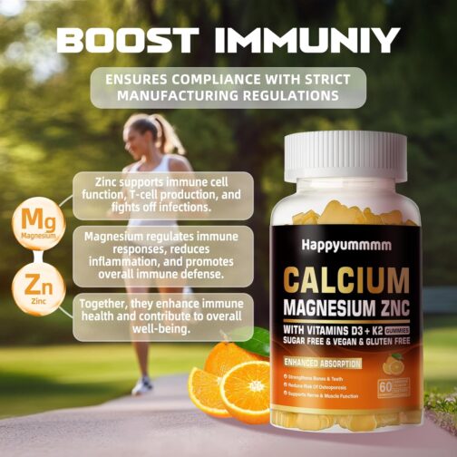 Calcium Magnesium Zinc Gummies with Vitamin D3 & K2 | High Potency, Enhanced Absorption | Vegan, Sugar-Free | 60 Orange & Berry Flavored Gummies - Image 7