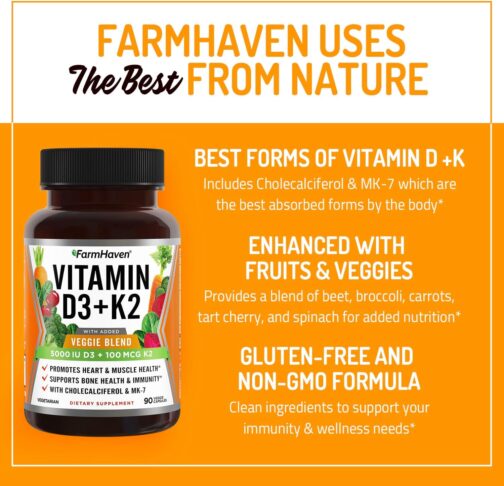 FarmHaven Vitamin D3 K2 Capsules | 5000 IU D3 & MK-7 K2 for Bone, Heart & Immune Support | Vegetarian, Non-GMO | 30% Commission - Image 8