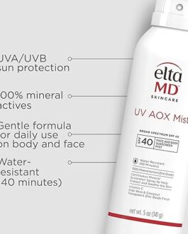 EltaMD UV AOX Mist Mineral Sunscreen Spray SPF 40 – All-Zinc Body and Face Protection – Broad Spectrum UVA/UVB Defense – Anti-Aging Mineral Formula