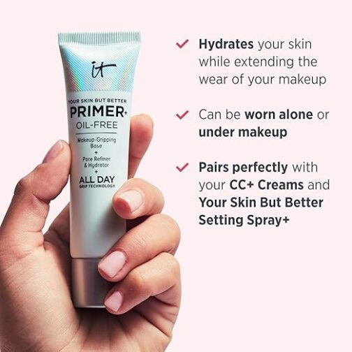 IT Cosmetics Your Skin But Better Primer+ – Makeup-Gripping, Pore-Refining, Oil-Free Base with Glycerin & Ginger Root Extract – 1 fl oz - Image 5