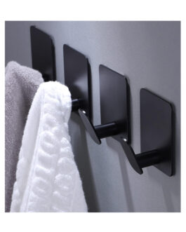 DELITON Adhesive Hooks – 4-Pack Matte Black Wall Hooks, Stainless Steel, Strong Self-Adhesive for Bathroom, Kitchen, or Office