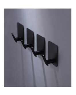 DELITON Adhesive Hooks – 4-Pack Matte Black Wall Hooks, Stainless Steel, Strong Self-Adhesive for Bathroom, Kitchen, or Office