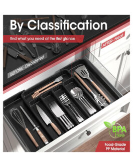 Aujen Expandable Silverware Organizer – Adjustable Kitchen Drawer Cutlery Tray with 5-7 Compartments for Utensils, Flatware, and Storage (Black, Medium)
