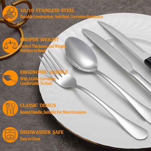 24-Piece Stainless Steel Silverware Set with Steak Knives – Mirror Polished Flatware for 4, Dishwasher Safe Cutlery Set - Image 3