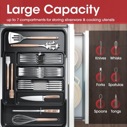 Aujen Expandable Silverware Organizer – Adjustable Kitchen Drawer Cutlery Tray with 5-7 Compartments for Utensils, Flatware, and Storage (Black, Medium) - Image 3
