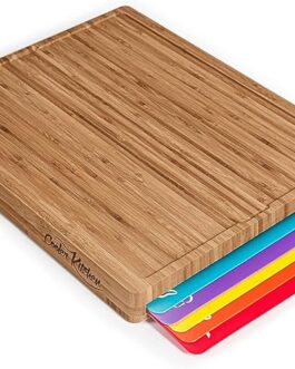 Bamboo Wood Cutting Board Set with 6 Color-Coded Plastic Mats – Non-Toxic, Dishwasher Safe, Eco-Friendly Chopping Board Organizer