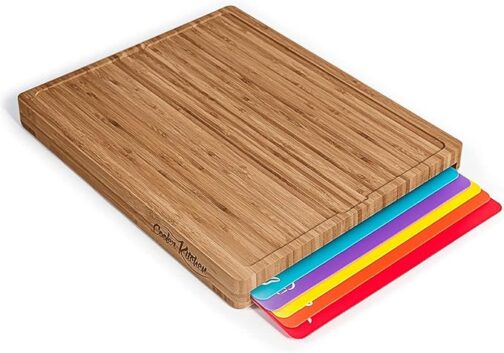 Bamboo Wood Cutting Board Set with 6 Color-Coded Plastic Mats – Non-Toxic, Dishwasher Safe, Eco-Friendly Chopping Board Organizer
