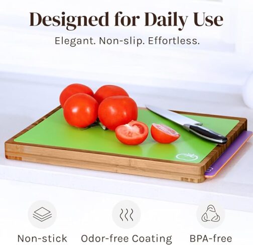 Bamboo Wood Cutting Board Set with 6 Color-Coded Plastic Mats – Non-Toxic, Dishwasher Safe, Eco-Friendly Chopping Board Organizer - Image 4