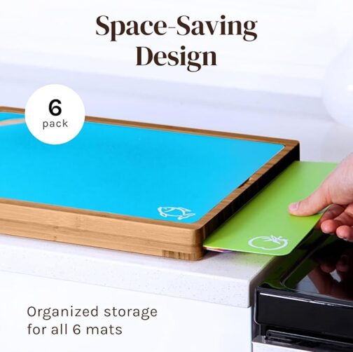 Bamboo Wood Cutting Board Set with 6 Color-Coded Plastic Mats – Non-Toxic, Dishwasher Safe, Eco-Friendly Chopping Board Organizer - Image 3