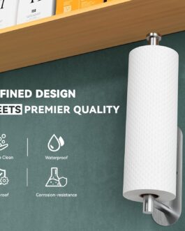 Paper Towel Holder Under Cabinet – Self-Adhesive or Screw-Mounted Stainless Steel Roll Rack for Kitchen & Bathroom (Silver)