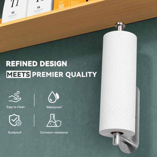 Paper Towel Holder Under Cabinet – Self-Adhesive or Screw-Mounted Stainless Steel Roll Rack for Kitchen & Bathroom (Silver) - Image 2