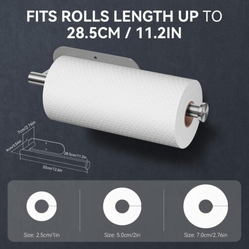 Paper Towel Holder Under Cabinet – Self-Adhesive or Screw-Mounted Stainless Steel Roll Rack for Kitchen & Bathroom (Silver) - Image 3