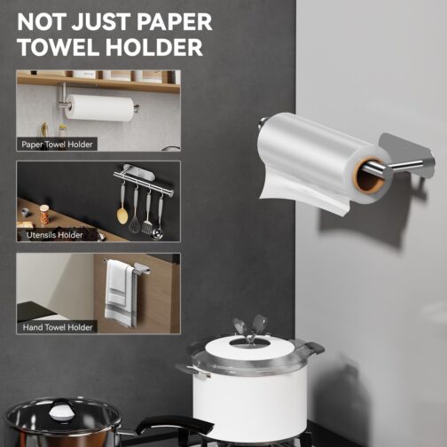 Paper Towel Holder Under Cabinet – Self-Adhesive or Screw-Mounted Stainless Steel Roll Rack for Kitchen & Bathroom (Silver) - Image 4