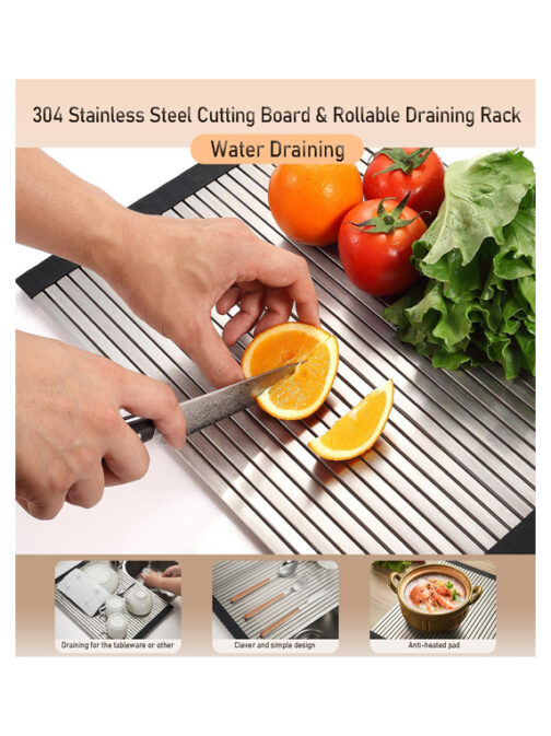 ProGrade Rollable Stainless Steel Over-Sink Cutting Board & Drainer – 3-in-1 Heavy-Duty Kitchen Organizer (17.8" x 13") - Image 2