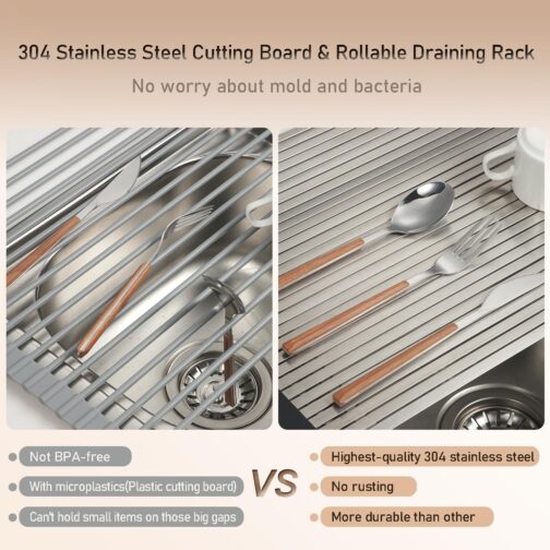 ProGrade Rollable Stainless Steel Over-Sink Cutting Board & Drainer – 3-in-1 Heavy-Duty Kitchen Organizer (17.8" x 13") - Image 3